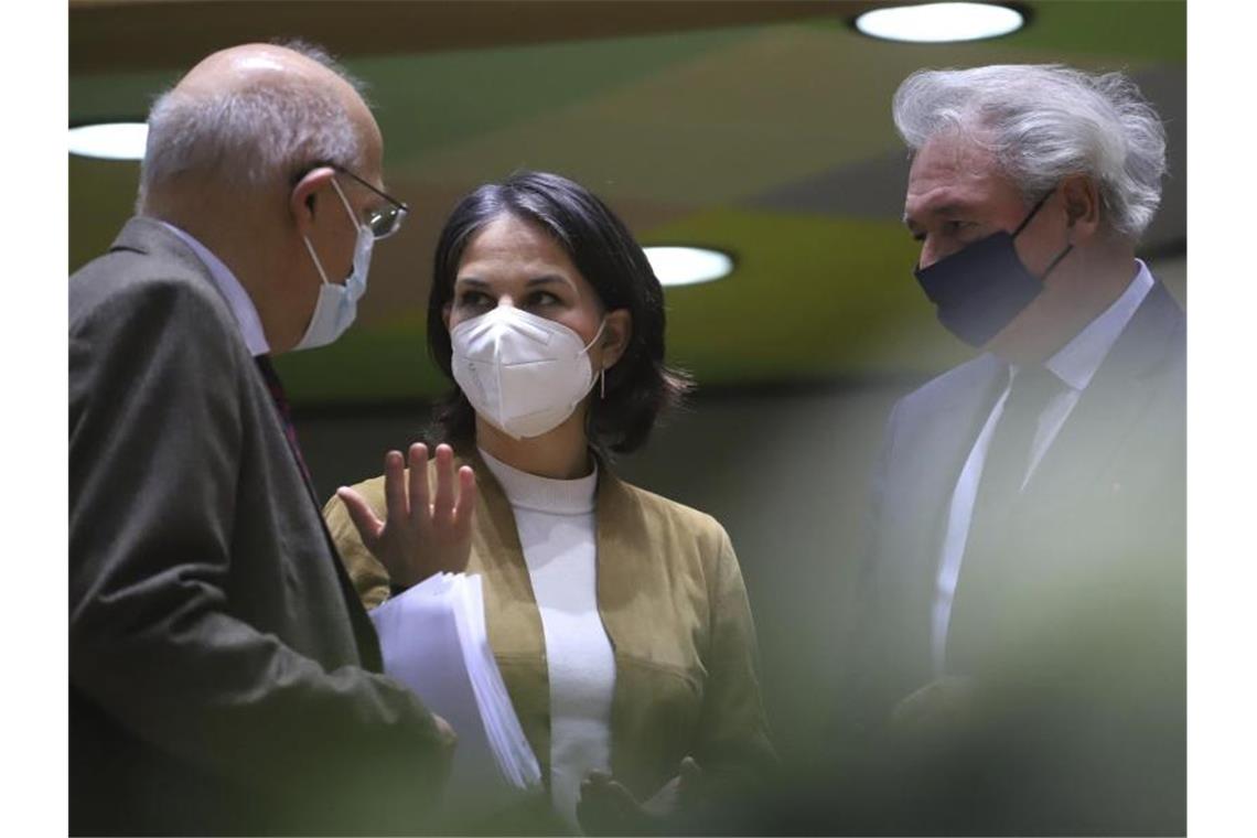EU wird Waffen und Ausrüstung in die Ukraine liefern Die deutsche Außenministerin Annalena Baerbock und Jean Asselborn, Außenminister von Luxemburg, sprechen während einer Sondersitzung der EU-Außenminister miteinander. Foto: Valeria Mongelli/AP/dpa