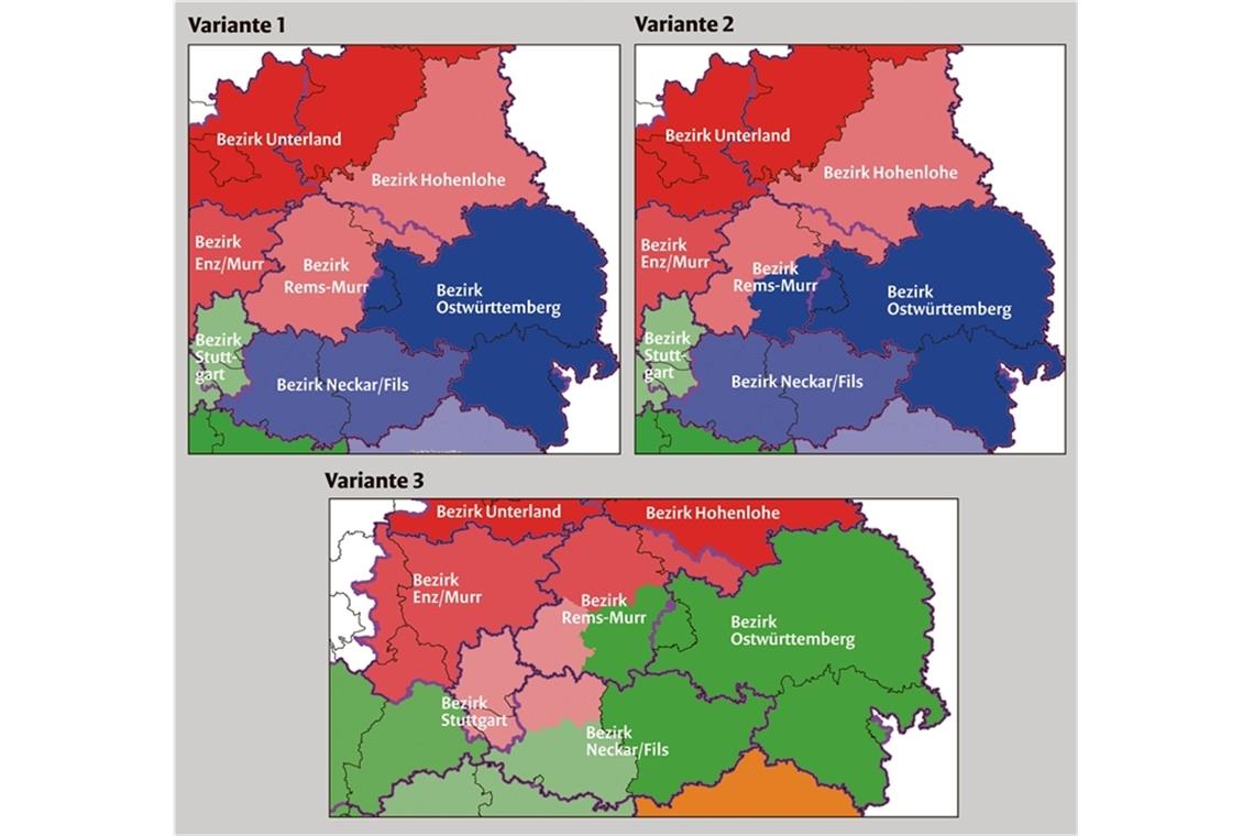 Drei Varianten stehen zur Debatte Die drei Varianten der Kommission Verbandstruktur machen deutlich, dass auf die Rems-Murr-Vereine weitere Strecken zukommen. Grafiken: WFV