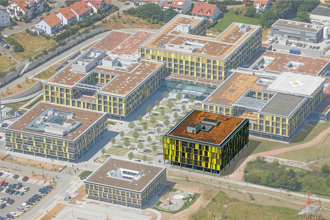 Die einzige Stelle, bei der aktuell eine Erweiterung des Winnender Klinikums möglich ist: Der Bereich zwischen dem östlichen Bettenbau und dem Verwaltungsgebäude. Derzeit ist hier ein Interimsparkplatz mit 100 Stellflächen angelegt. Visualisierung: RMK