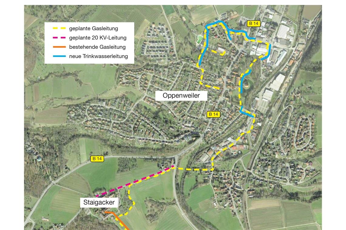 Die Erdgasleitung wird im Bereich Staigacker an die bestehende Leitung angeschlossen und unterquert zweimal die Murr und zudem je einmal die B14 und die K1879. Karte: Google Maps/BKZ