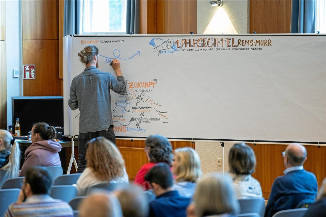 Die Ergebnisse des Pflegegipfels wurden von Jakob Kohlbrenner grafisch aufgezeichnet. Foto: Alexander Becher