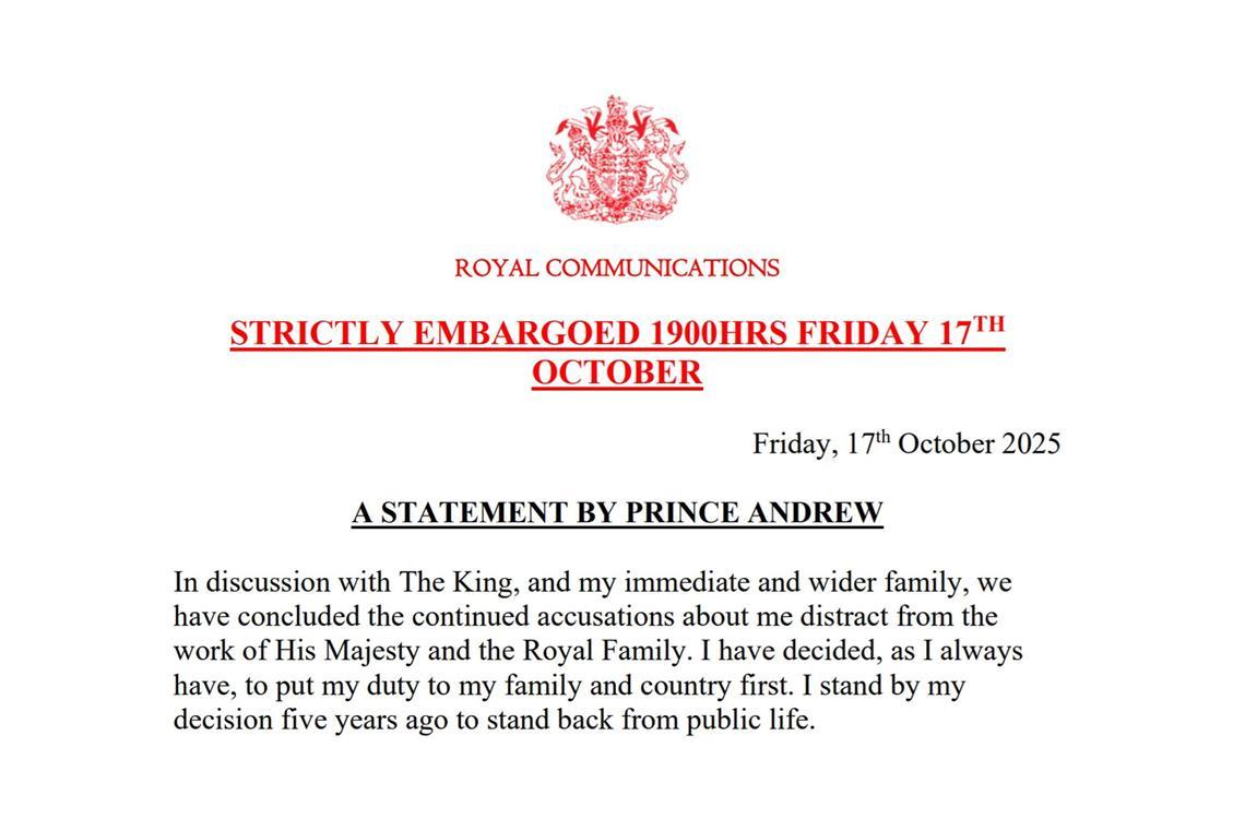 Die Erklärung zum Ende von Andrew als Herzog von York.