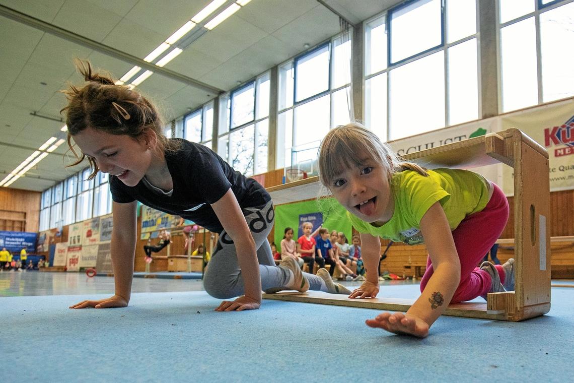 Kinder zeigen an sechs Stationen ihr Können Die Erst- und Zweitklässler hatten ihren Spaß an den Aufgaben, die Geschicklichkeit, Kraft und Schnelligkeit verlangten. Foto: A. Becher