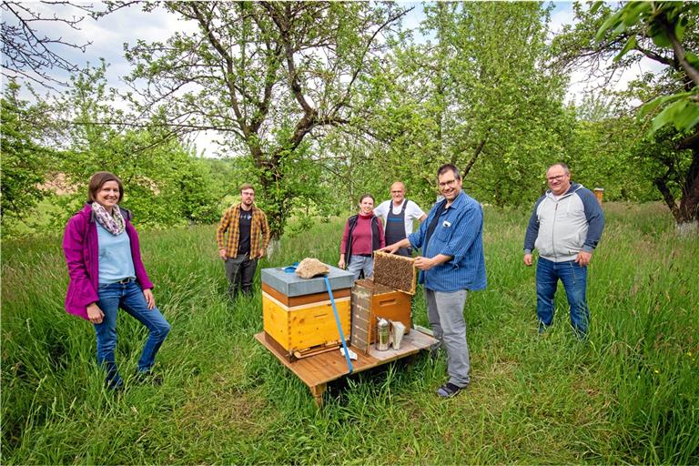 Die ersten Blühflächen im Backnanger Süden sind angelegt und dienen künftig Bienenvölkern als Nahrungsquelle. Dafür haben sich Christine Reeß, Julian Conrad, Tanja Fichtl, Werner Wallenwein, Markus Munzinger und Jürgen Benignus (von links) eingesetzt. Foto: A. Becher