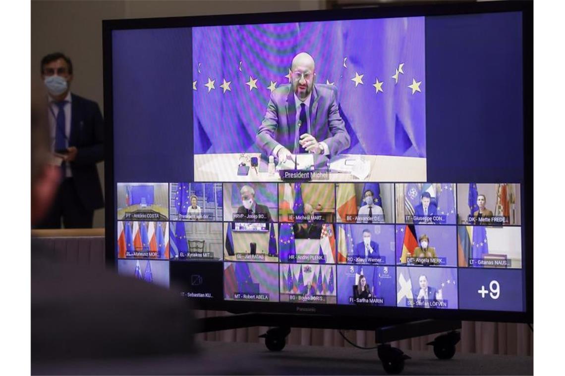 Die EU-Staats- und Regierungschef wollen sich bei ihrem Videogipfel zum Vorgehen gegen neue Varianten des neuartigen Coronavirus abstimmen. Foto: Olivier Hoslet/Pool EPA/AP/dpa
