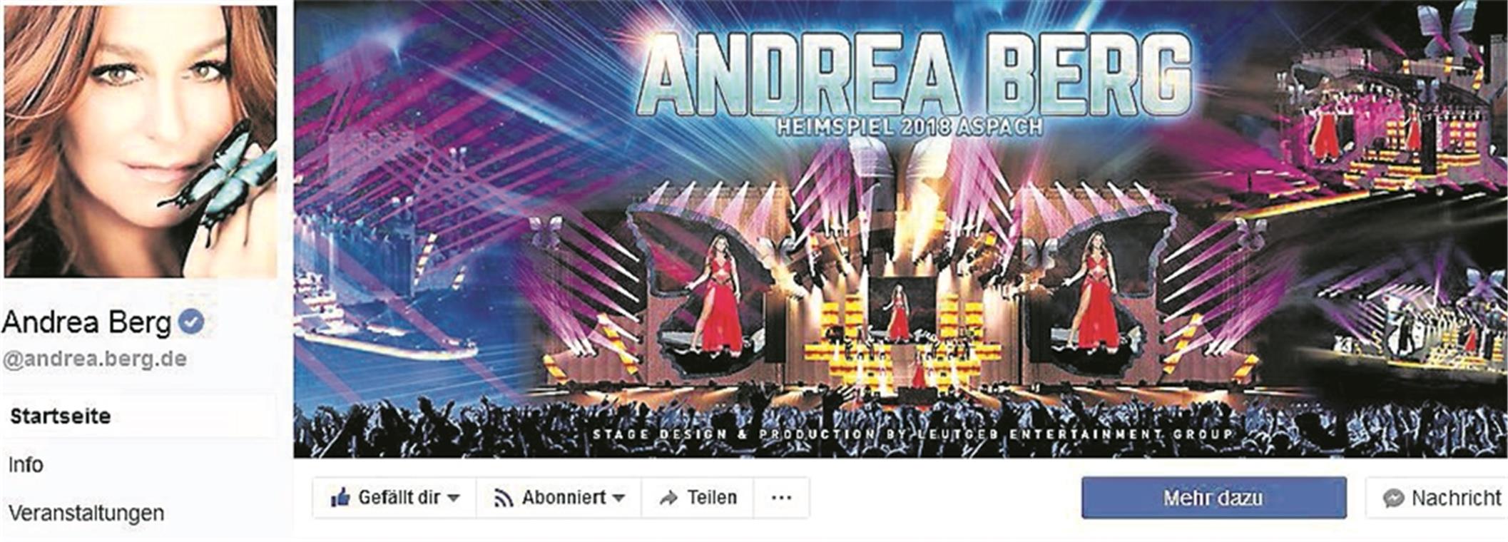 Vorfreude der Fans auf das Berg-Heimspiel wächst Die Facebook-Seite von Andrea Berg lässt erahnen, dass ein Schmetterling ein wesentliches Element der neuen Bühne sein wird.