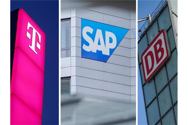 Die Firmenlogos der Telekom (l-r), von SAP und der Deutschen Bahn. Foto: Anspach/Koall/Berg/dpa