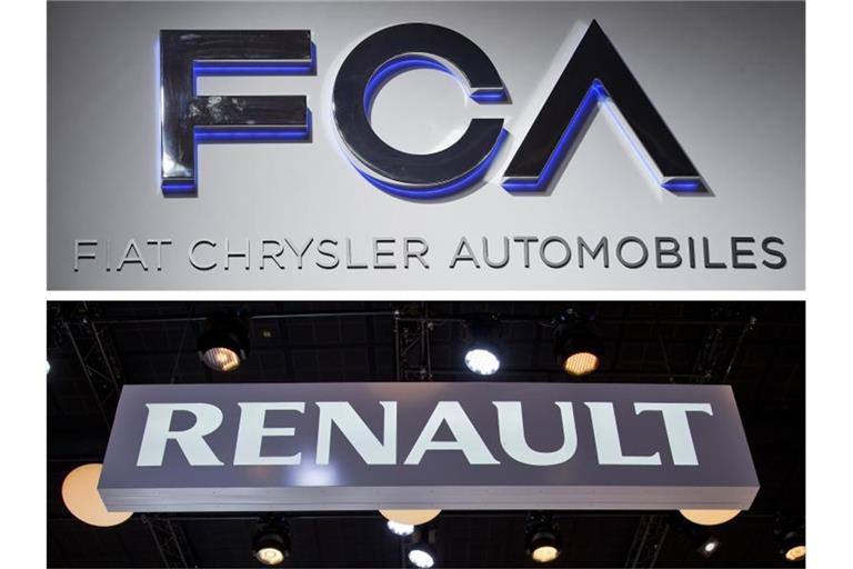 Die Firmenschriftzüge der Autokonzerne Fiat Chrysler und Renault. Foto: Daniel Karmann/Uli Deck