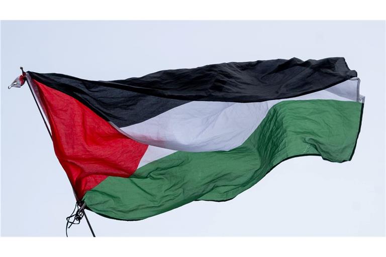 Die Flagge von Palästina wird bei einer propalästinensischen Kundgebung geschwenkt. 
Bei derartigen Kundgebungen kam es vor allem in den ersten Wochen nach dem Massaker immer wieder zu Zusammenstößen mit der Polizei.