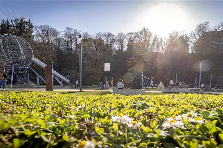 Die frühen Sonnenstrahlen locken die Menschen nach draußen und vor allem Familien auf die Spielplätze, wie hier im Backnanger Annonaygarten. Foto: Alexander Becher