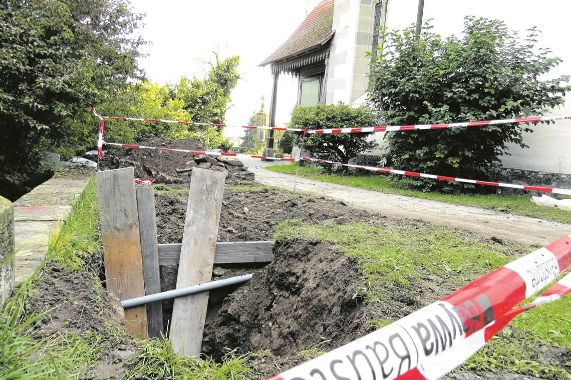 Sondierung fördert Pilgerstaffelreste zutage Die Fundstelle befindet sich zwischen Kirchhofmauer und Walterichskirche. An der Seite des Gebäudes unter dem Holzdach (hinten rechts) ist der verschlossene Ölberg zu sehen.