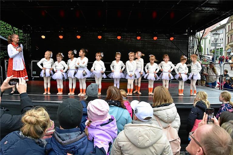 Tausende strömen zum Backnanger Gänsemarkt Die Gänsekinder der Ballettschule Liane mit ihrer Leiterin Liane Martinez bibbern zwar selbst, erwärmen aber mit ihrem Auftritt das Herz der Zuschauer. Fotos: Tobias Sellmaier