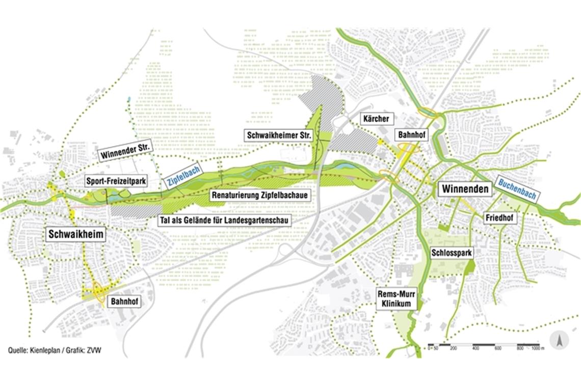 Die Gartenschau soll Winnenden „durchgrünen“. Grafik: Landschaftsarchitekturbüro Kienleplan/ZVW