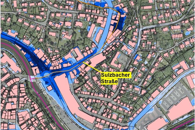 Die Gefahrenkarte zeigt, welche Bereiche der Backnanger Innenstadt bei einem außergewöhnlichen Starkregen überflutet werden. In den dunkelblauen Bereichen steht das Wasser mehr als einen Meter hoch, in den hellen noch zehn Zentimeter. Karte: Winkler und Partner