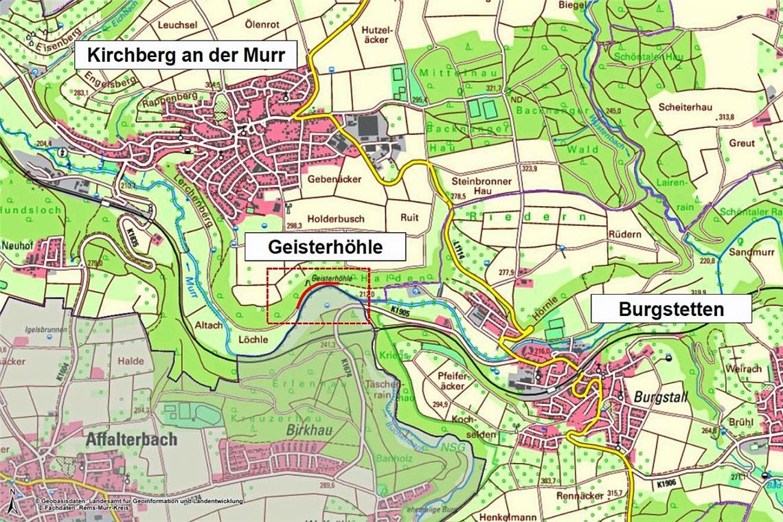 Sanierung der Geisterhöhlen-Strecke startet Die „Geisterhöhle“ liegt zwischen Kirchberg und Burgstetten. Der Radweg wird in diesem Bereich ausgebaut. Karte: Landesamt für Geoinformation und Landentwicklung sowie Rems-Murr-Kreis