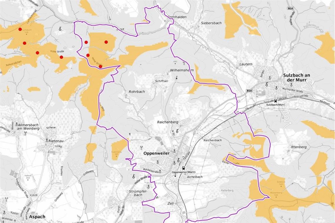 Die gelben Flächen sind aktuell als potenzieller Suchraum für Windkraftanlagen angedacht, die roten Punkte sind die angedachten Windräder von EnBW und Windkraft Uhl. Foto: Verband Region Stuttgart
