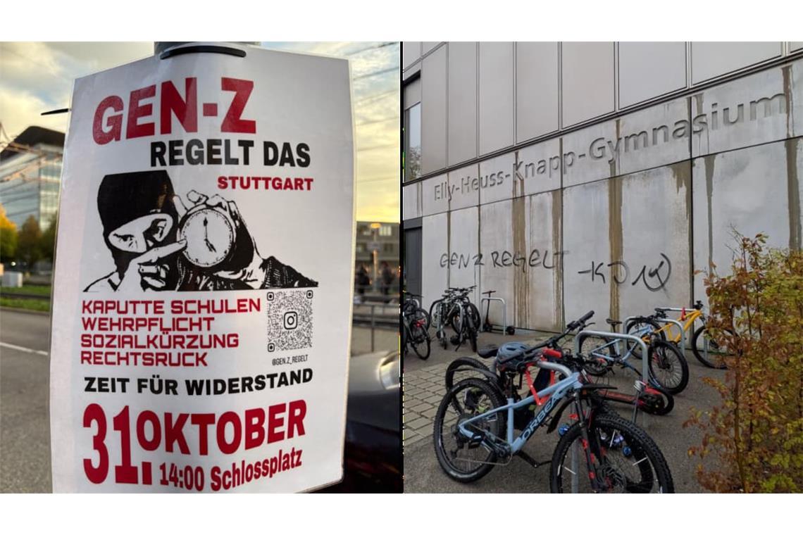 Die "Gen Z" kündigt für den 31. Oktober eine Demo auf dem Schlossplatz an. Derweil sind in Bad Cannstatt mehrere Schulen mit Schriftzügen und kommunistischen Symbolen versehen worden.