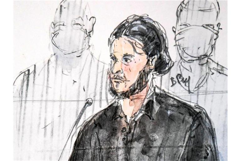 Die Gerichtszeichnung zeigt Salah Abdeslam, den Hauptverdächtigen der Pariser Anschläge (Archivbild). Foto: Benoit Peyrucq/AFP/dpa