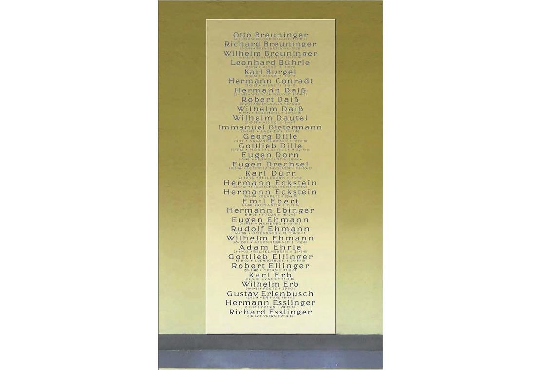 Neue Tafeln bestehen aus Jurakalkstein Die Gestaltung der neuen Tafeln lehnt sich an die verlorenen Originale an, was die Schrift und die Anordnung der Namen betrifft. Die Schrift wird mittels Sandstrahl in den gelben Jurakalkstein eingraviert. Auf jeder Tafel sind 31 Namen vorgesehen, insgesamt 372. Foto: Stadt Backnang