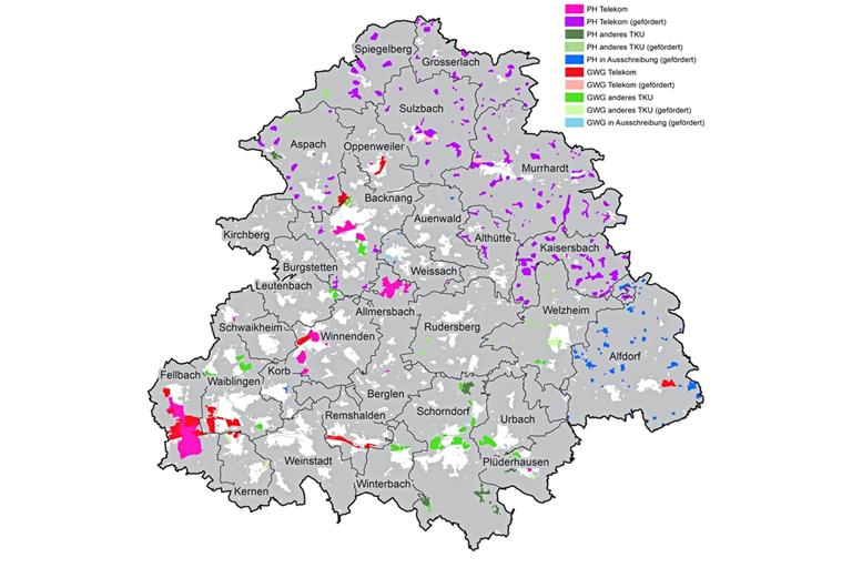 Die Grafik zeigt geplante und abgeschlossene Projekte für Glasfaserausbau im Rems-Murr-Kreis in farblicher Unterscheidung. Dabei bedeutet PH Privathaushalt und GWG Gewerbegebiet. Grafik: Landratsamt