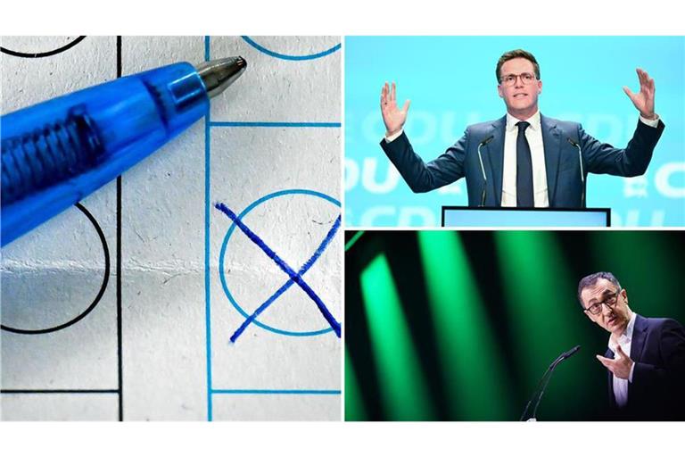 Die größten Chancen, den amtierenden Ministerpräsidenten Kretschmann zu beerben, haben Cem Özdemir (unten) von den Grünen und Manuel Hagel (oben) von der CDU.