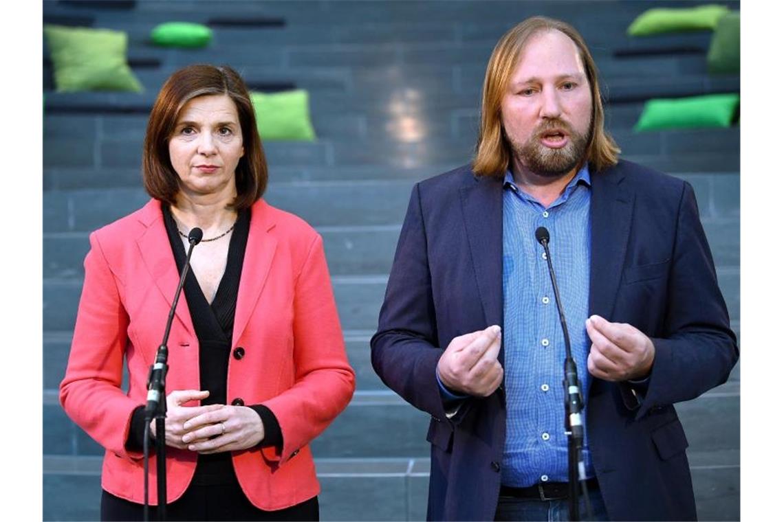 Die Grünen-Fraktionschefs Katrin Göring-Eckardt und Anton Hofreiter sprechen im Marie-Elisabeth-Lüders-Haus in Berlin. Foto: Britta Pedersen