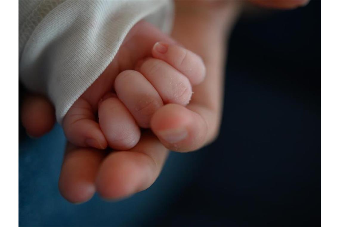 Die Hand eines Säuglings liegt in der Hand seiner Mutter. Foto: Sebastian Gollnow/dpa/Symbolbild
