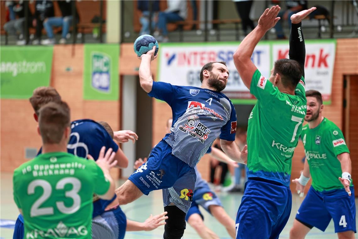 Große Vielfalt beim Ballsport-Event der TSG Backnang 1846 Die Handballer des HBC Annonay (blaue Trikots) gaben bei beiden Partien alles. Foto: Alexander Becher