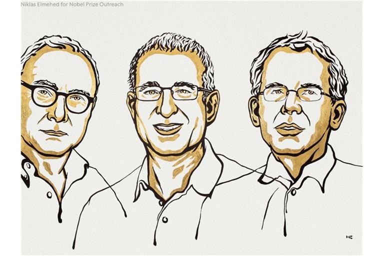 Die Illustration zeigt David Card (v.l.), Jousha Angrist und Guido Imbens. Foto: Niklas Elmehed/Nobel Prize Outreach 2021 /dpa