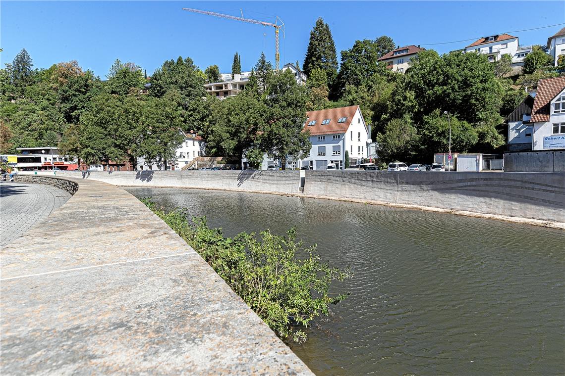 Mit Becken und Mauern gegen die Flut Die jüngste Baumaßnahme zum Schutz der Innenstadt: Die Ufermauer zwischen dem Biegelwehr und der Sulzbacher Brücke. Sie wurde verstärkt und erhöht und mit einem Wellenrelief verziert. Foto: J. Fiedler