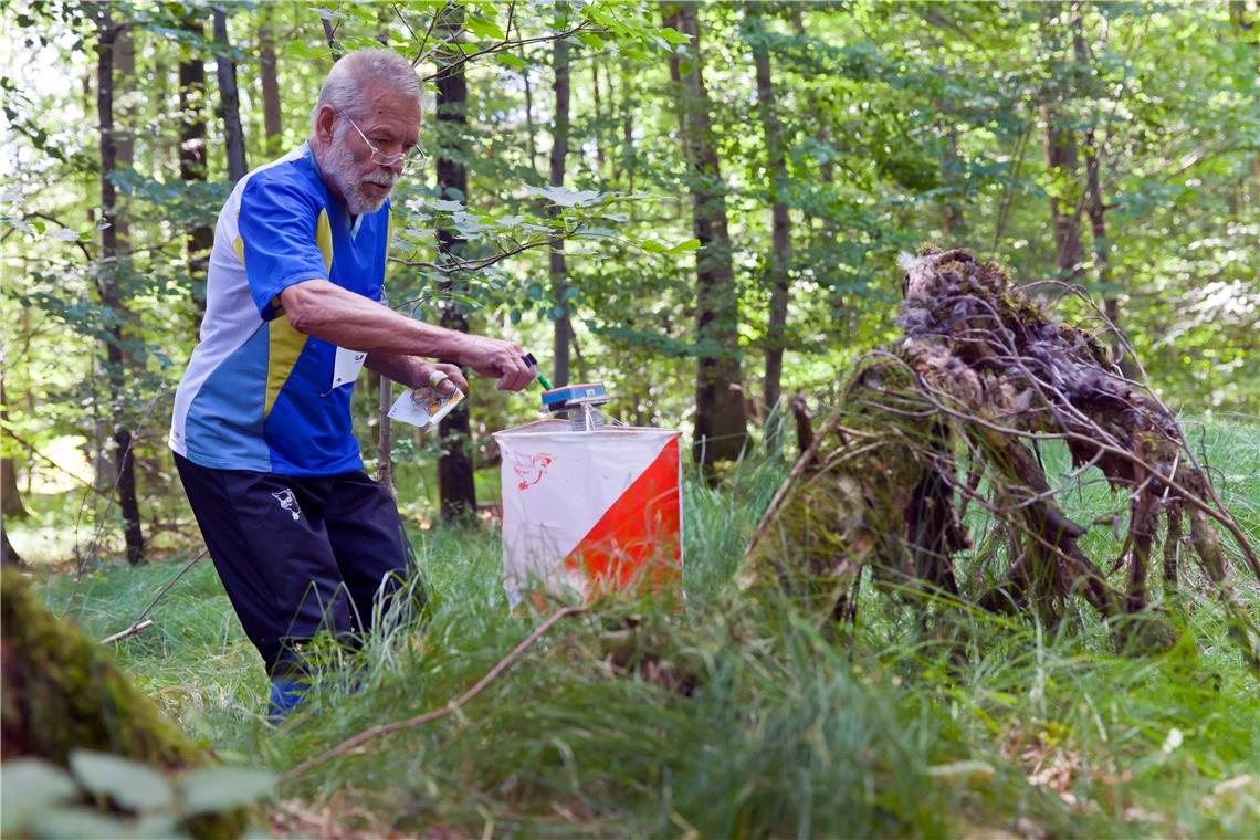 Über Stock, über Stein und durch den Busch Die Karte in der Hand, den Kompass am Daumen mitten im Wald. Friedrich Vischer bei einem Orientierungslauf 2015. Fotos: privat