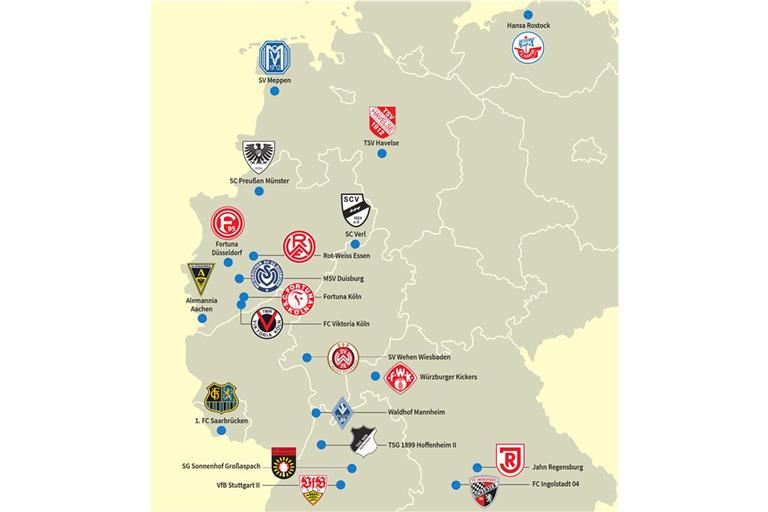 Die Karte zeigt die 20 Vereine der 3.Liga. Die weiteste Fahrt steht für die SG im November nach Rostock an. Grafik: Adobe Stock/picoStudio