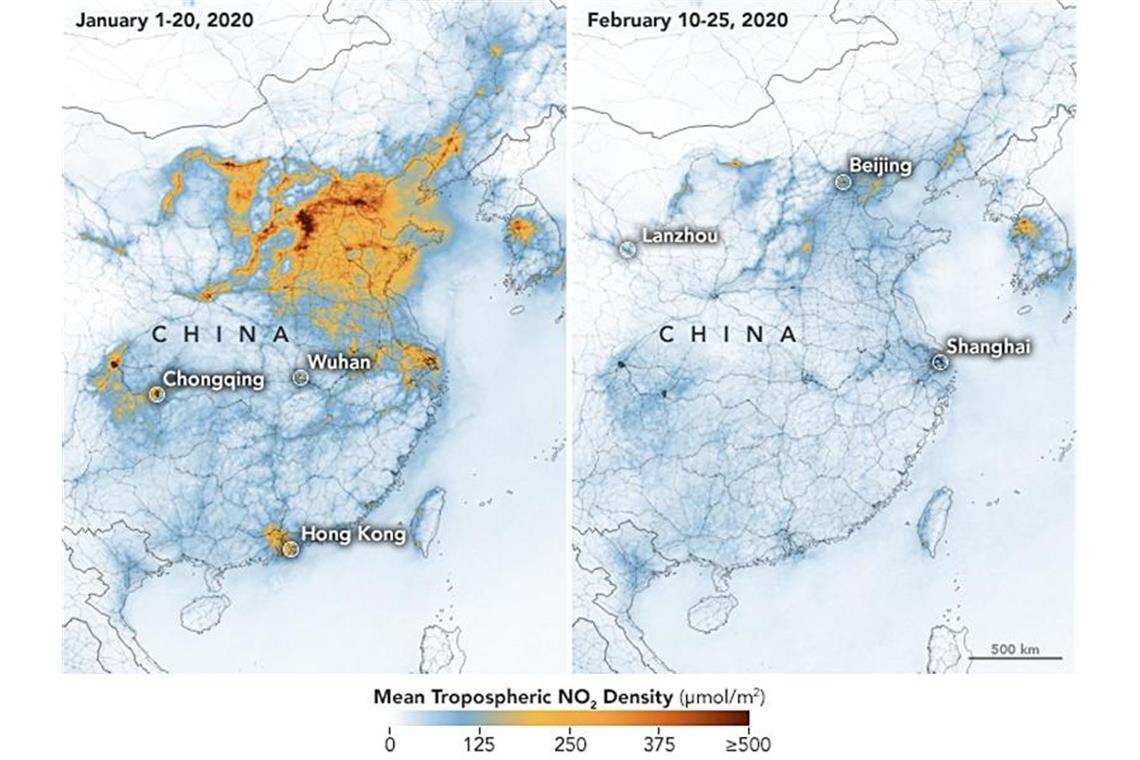 Die Karten zeigen die Konzentrationen von Stickstoffdioxid (NO2) in ganz China vom 1. bis 20. Januar 2020 (vor der Quarantäne wegen des Coronavirus) und vom 10. bis 25. Februar (während der Quarantäne). Foto: -/NASA/dpa