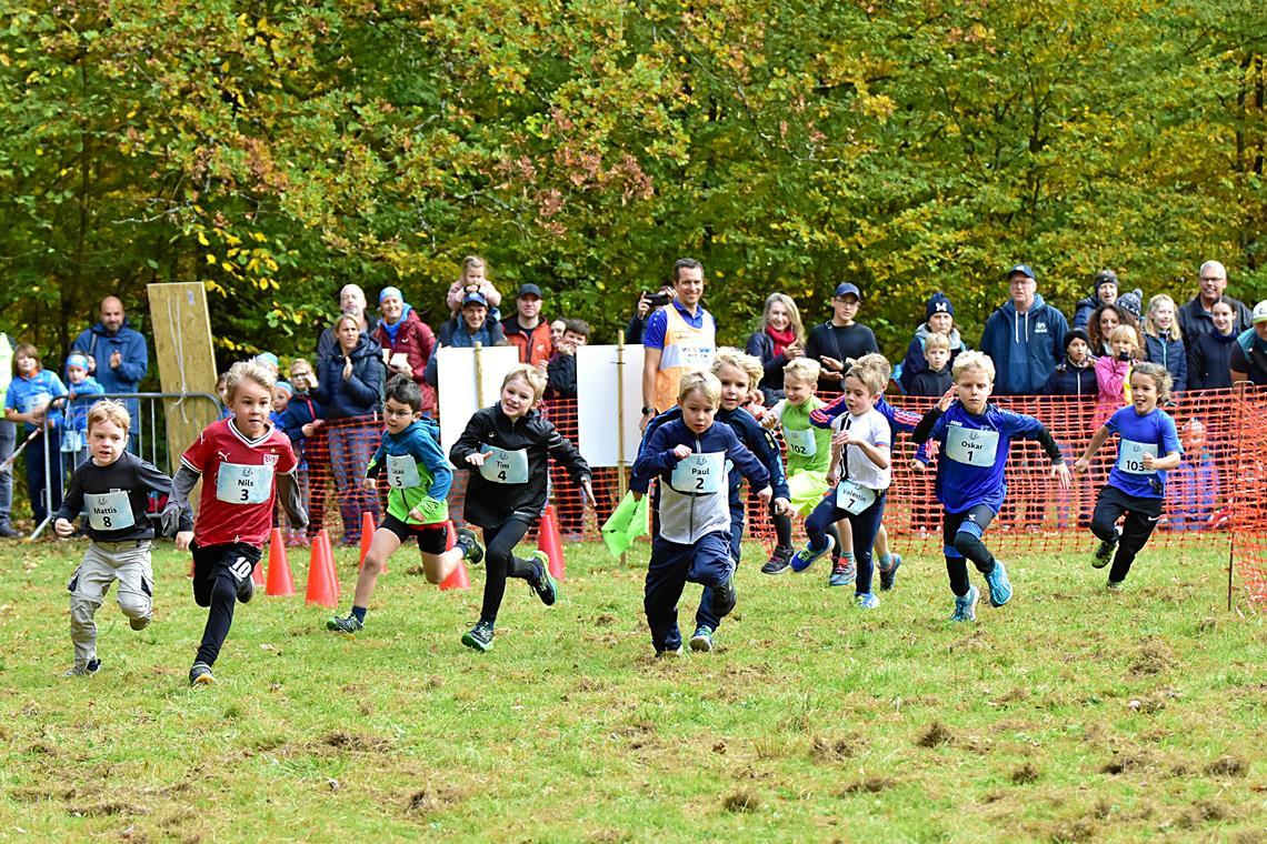 Kindercrossduathlon: Aufgeregte Eltern, cooler Nachwuchs Die Kleinsten sprinten los. 200 Meter liegen vor ihnen, ehe sie aufs Fahrrad steigen und 1,5 Kilometer durch den Wald düsen. Dann müssen sie nochmals 200 Meter laufen. Foto: Tobias Sellmaier
