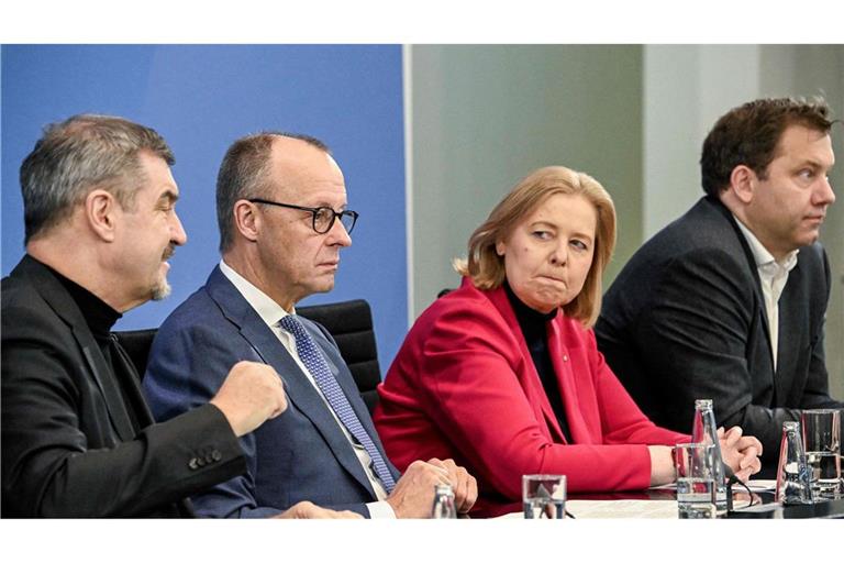 Die Koalitionsspitzen im Kanzleramt: Markus Söder (CSU), Friedrich Merz (CDU), Bärbel Bas und Lars Klingbeil (beide SPD).