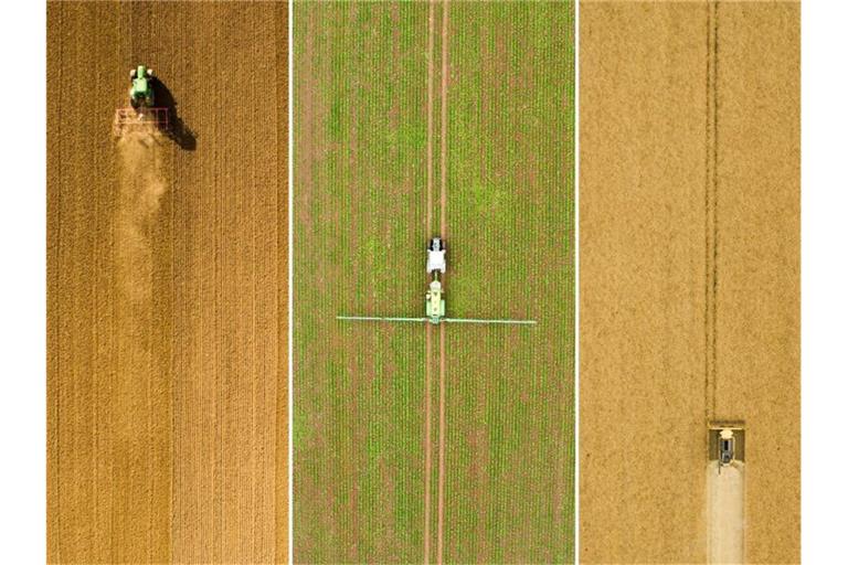 Die Kombo zeigt Luftaufnahmen mit einer Drohne von Landwirten bei der Feldarbeit. Foto: Julian Stratenschulte/Archiv