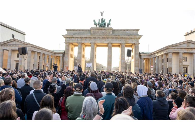 Die Kundgebung am Brandenburger Tor fand nach Angaben der Veranstalter wegen der aktuellen Diskussion in Solidarität mit der Moderatorin und Schauspielerin Collien Fernandes statt.