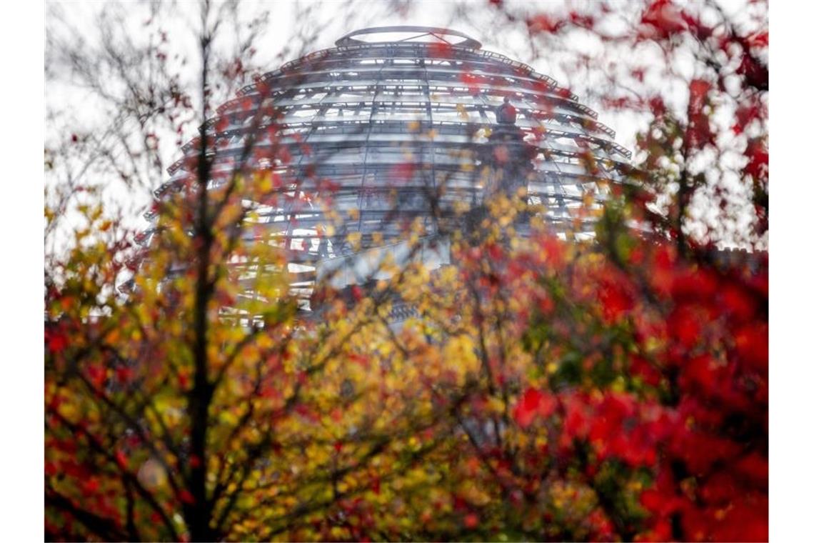 Die Kuppel des Reichstagsgebäudes hinter herbstlich gefärbten Bäumen. Foto: Christoph Soeder/dpa