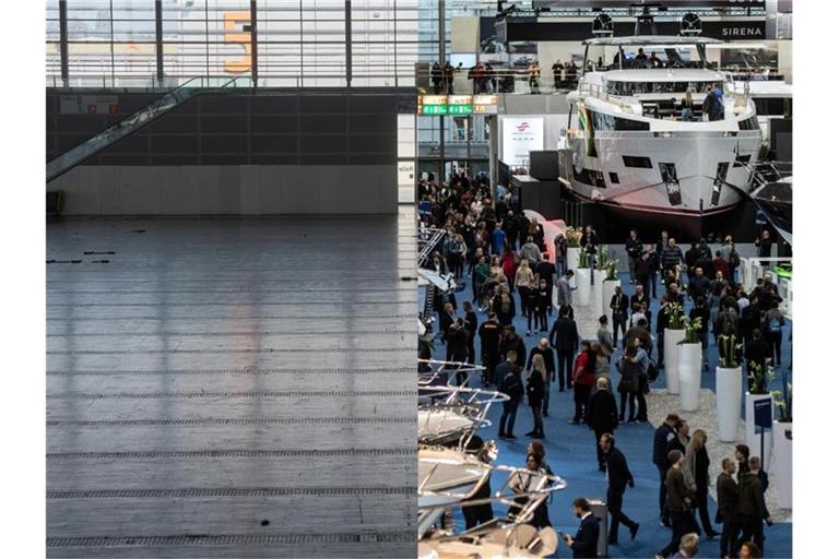 Die leere Halle 6 der Messe Düsseldorf im Frühjahr 2021 (l) und dieselbe Halle am 18.01.2020 während der Wassersportmesse „boot“. Foto: Bernd Thissen/dpa