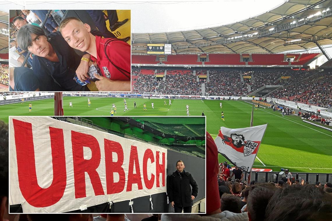 Die Mercedes-Benz-Arena des VfB ist der Ausgangspunkt. Marco Rube schaut sich aber auch Spiele des Nationalteams an und traf dabei Bundestrainer Jogi Löw (links oben). Im Gepäck hat er dann eine große Fahne, die deutlich zeigt, woher er stammt. Fotos: Büttner, privat/Montage: Mogck