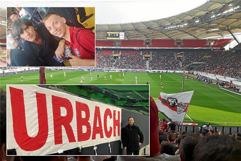 Die Mercedes-Benz-Arena des VfB ist der Ausgangspunkt. Marco Rube schaut sich aber auch Spiele des Nationalteams an und traf dabei Bundestrainer Jogi Löw (links oben). Im Gepäck hat er dann eine große Fahne, die deutlich zeigt, woher er stammt. Fotos: Büttner, privat/Montage: Mogck