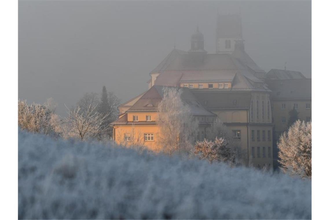 Die Morgensonne strahlt in Reute nahe Bad Waldsee das Franziskanerinnen-Kloster an, während Wiese und Bäume frostbedeckt sind. Foto: Felix Kästle/dpa/Archivbild
