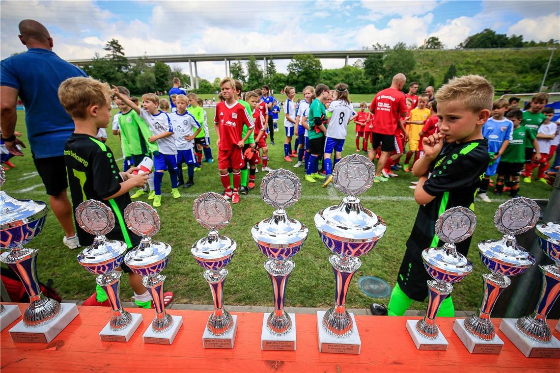 Die Nachwuchskicker der Vereine aus Backnang, Murrhardt und Umgebung müssen bis zum Juli 2021 geduldig warten, ehe sie beim BKZ-Mini-Cup wieder um die begehrten Siegerpokale kämpfen können. Das Fußballfest, bei dem jedes Jahr 500 bis 600 E- und F-Junioren sowie D-Juniorinnen zwei Tage lang über den Rasen flitzten, wurde wegen der Coronapandemie abgesagt. Archivfoto: A. Becher