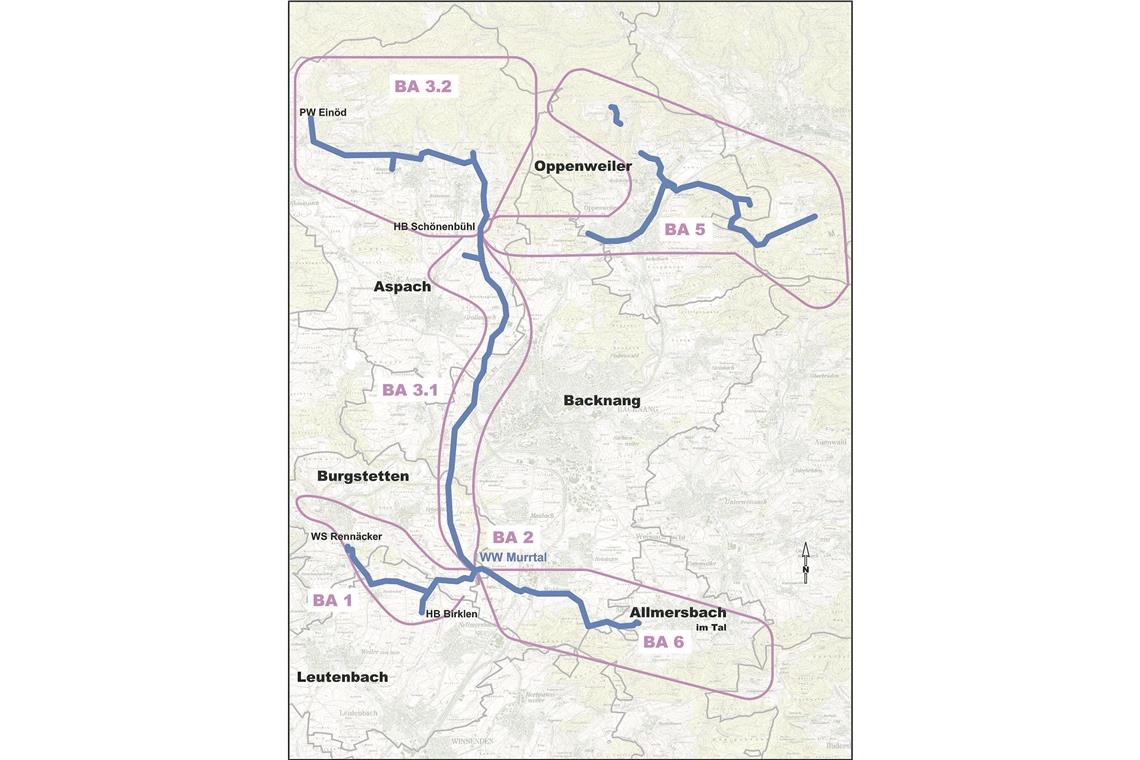 In vier Jahren einheitliche Wasserqualität Die NOW baut 52 Kilometer neue Wasserleitungen ein. Derzeit werden die Leitungen im Bauabschnitt 1 (BA1) verlegt. Der eingezeichnete BA2 umfasst den Bau des Wasserwerks Murrtal.