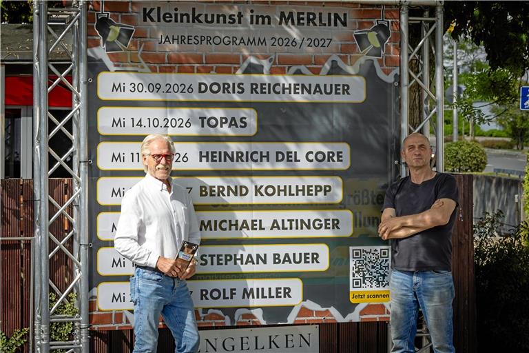 Die Organisatoren Charley Graf (links) und Christos Kiroglou freuen sich auf die zweite Kleinkunstsaison im Merlin. Foto: Alexander Becher