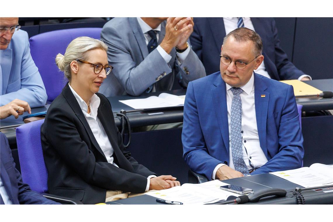 AfD spürbar vor Union – Unzufriedenheit mit Merz so hoch wie nie Die Partei von Alice Weidel und Tino Chrupalla hat die Union überholt. (Archivbild)