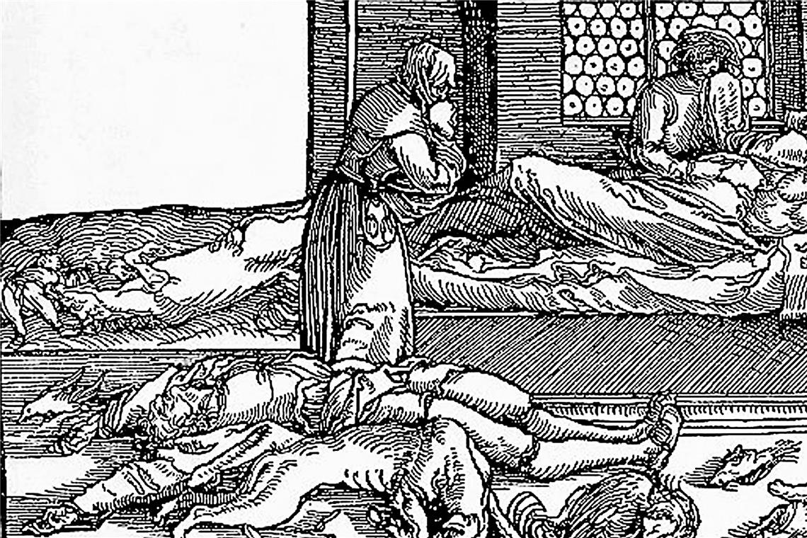 Die Pest raffte im Mittelalter und in der frühen Neuzeit allein in Europa Millionen Menschen dahin. Ein Holzschnitt aus dem 16. Jahrhundert lässt erahnen, welches Leid damit verbunden war.