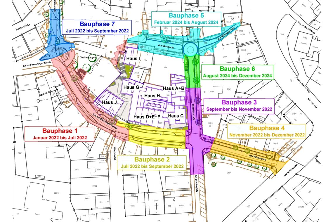 Straßensanierung in verträglichen Dosen Die Planer haben das Projekt in sieben Bauphasen aufgeteilt, die besonders kritischen Bereiche sind erst 2024 dran. Karte: Tiefbauamt Backnang