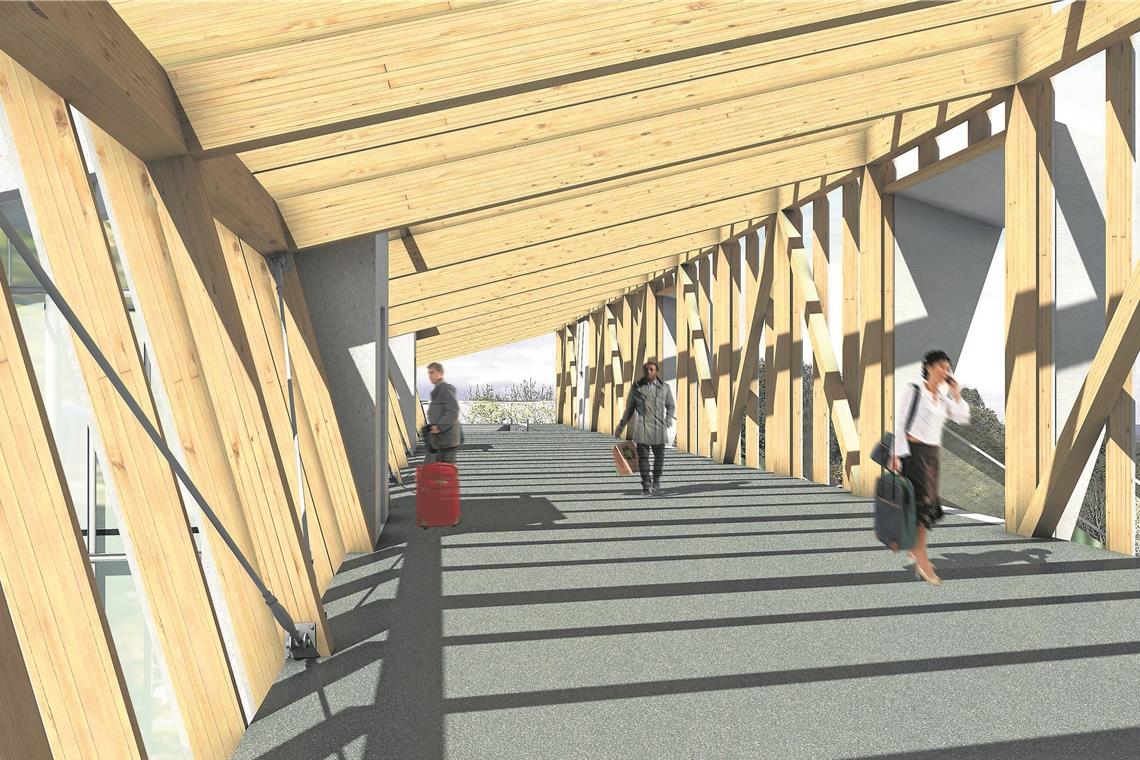 Backnanger Bahnhof wird barrierefrei Die Planer haben sich für eine Fachwerkkonstruktion entschieden, die auf Betonpfeilern ruht. Die hölzerne Brücke soll auch einen optischen Akzent am Stadteingang setzen.Visualisierungen: Büro Stadt Land Bahn