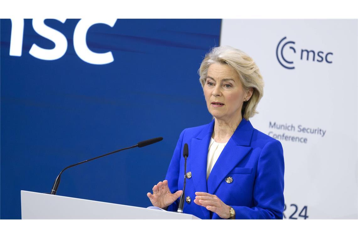 Die Präsidentin der Europäischen Kommission Ursula von der Leyen spricht auf der Münchner Sicherheitskonferenz 2026